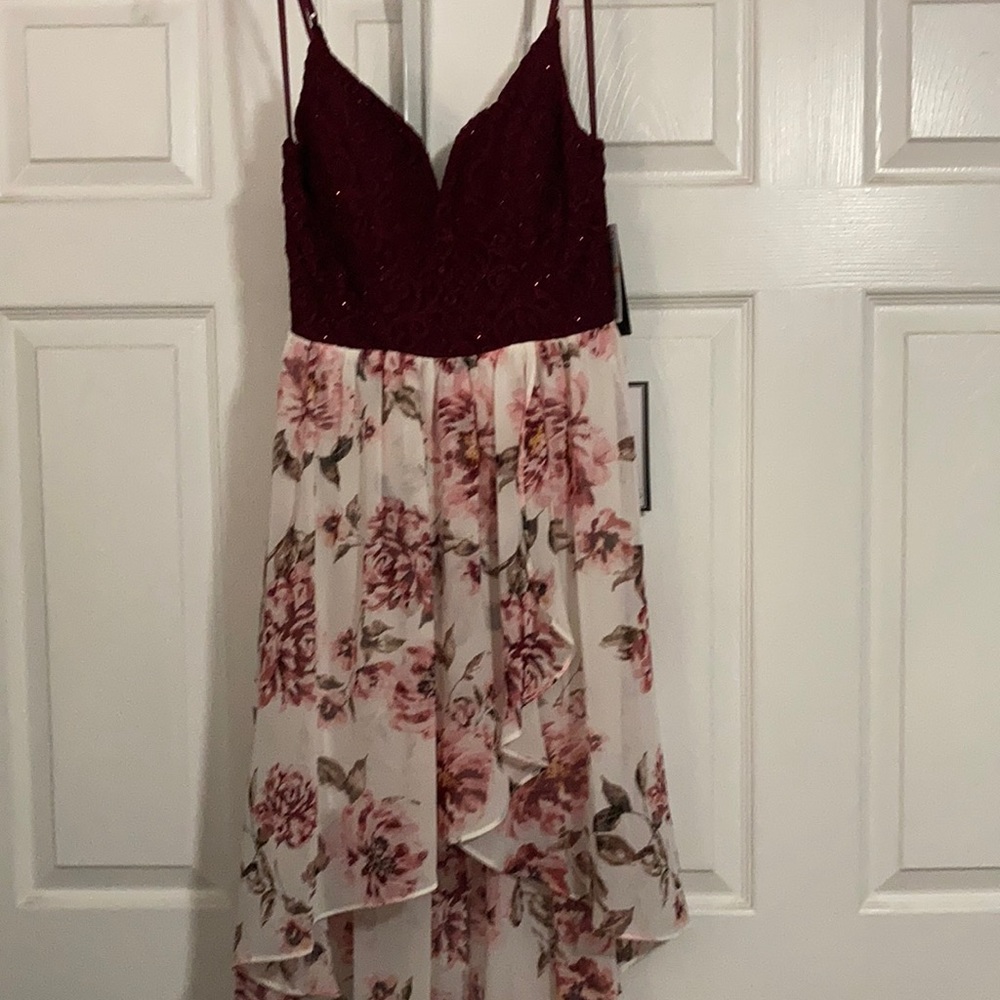 Party Dress. Red with floral high low bottom